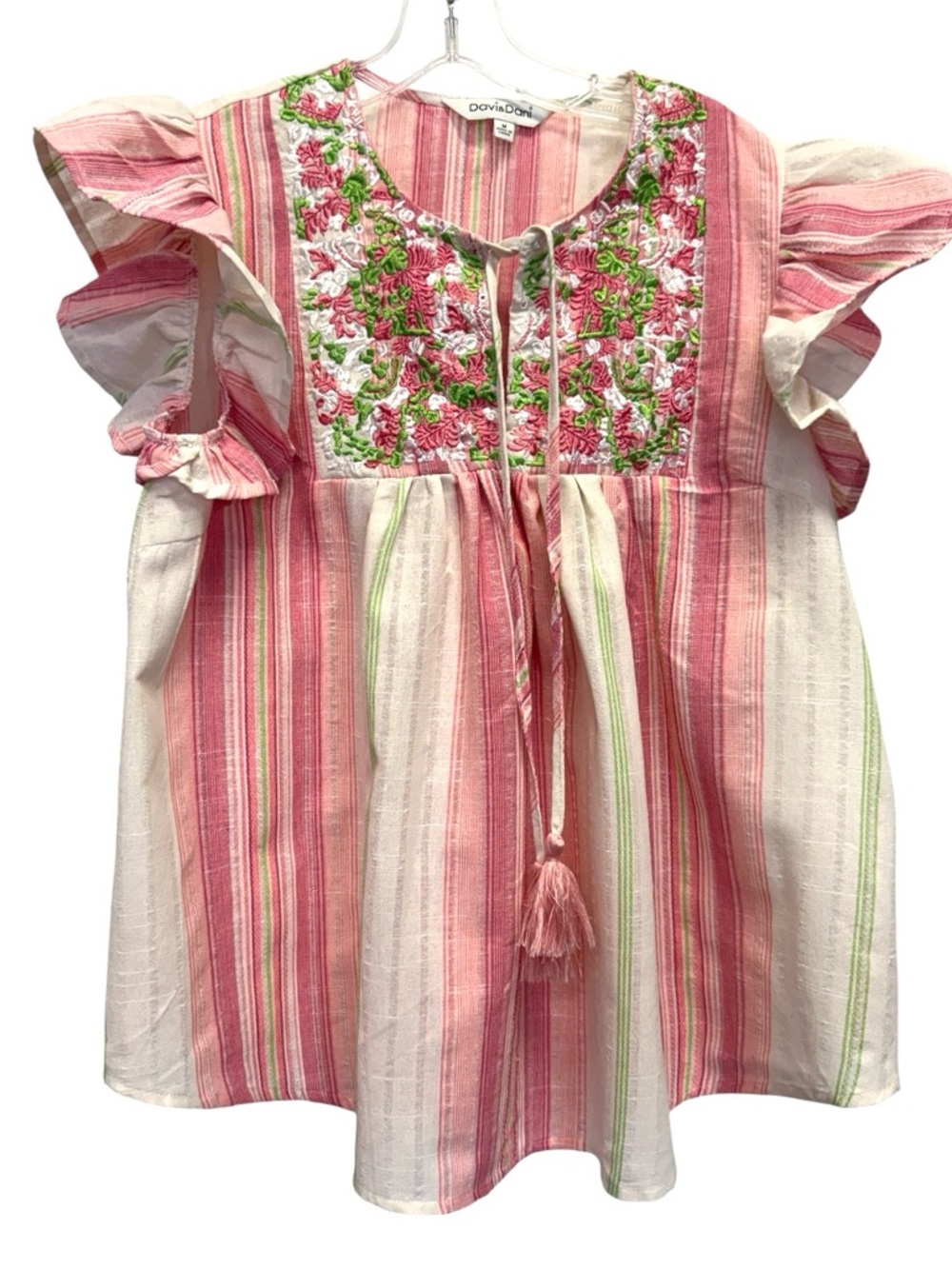 Pink Green Embroidered Striped Flutter Sleeve Top Medium